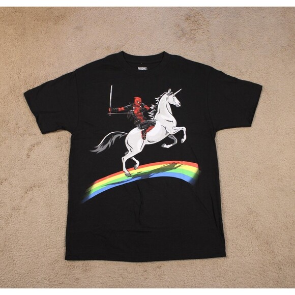 Marvel Deadpool Riding Unicorn Rainbow Graphic Tee (M) Black Cotton Licensed - Picture 1 of 5